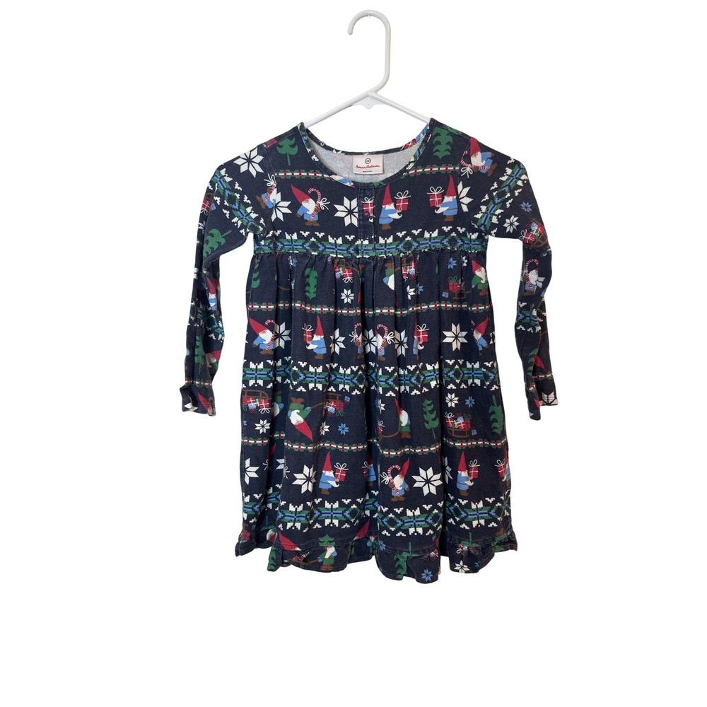 Hanna Andersson Dress Girls 4 Navy Christmas Gnome Snowflake Print Long Sleeve